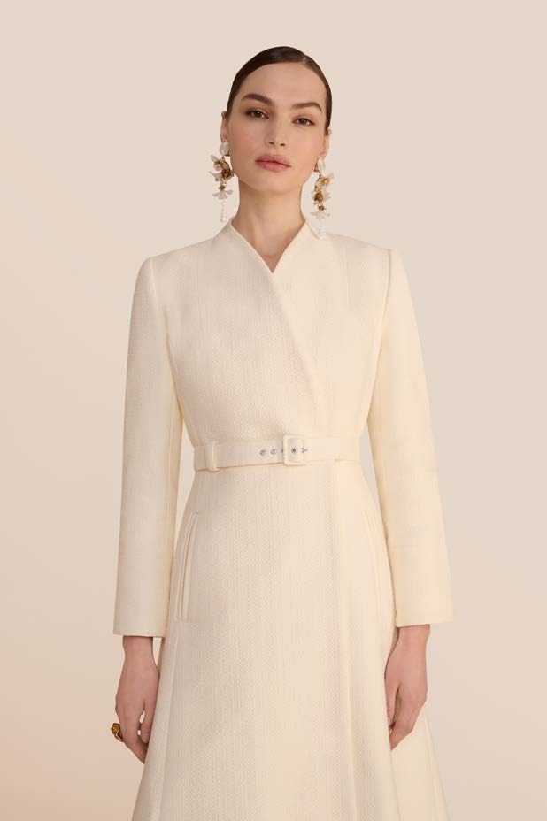 Beulah London cream tailored coat photographed on model for ecommerce