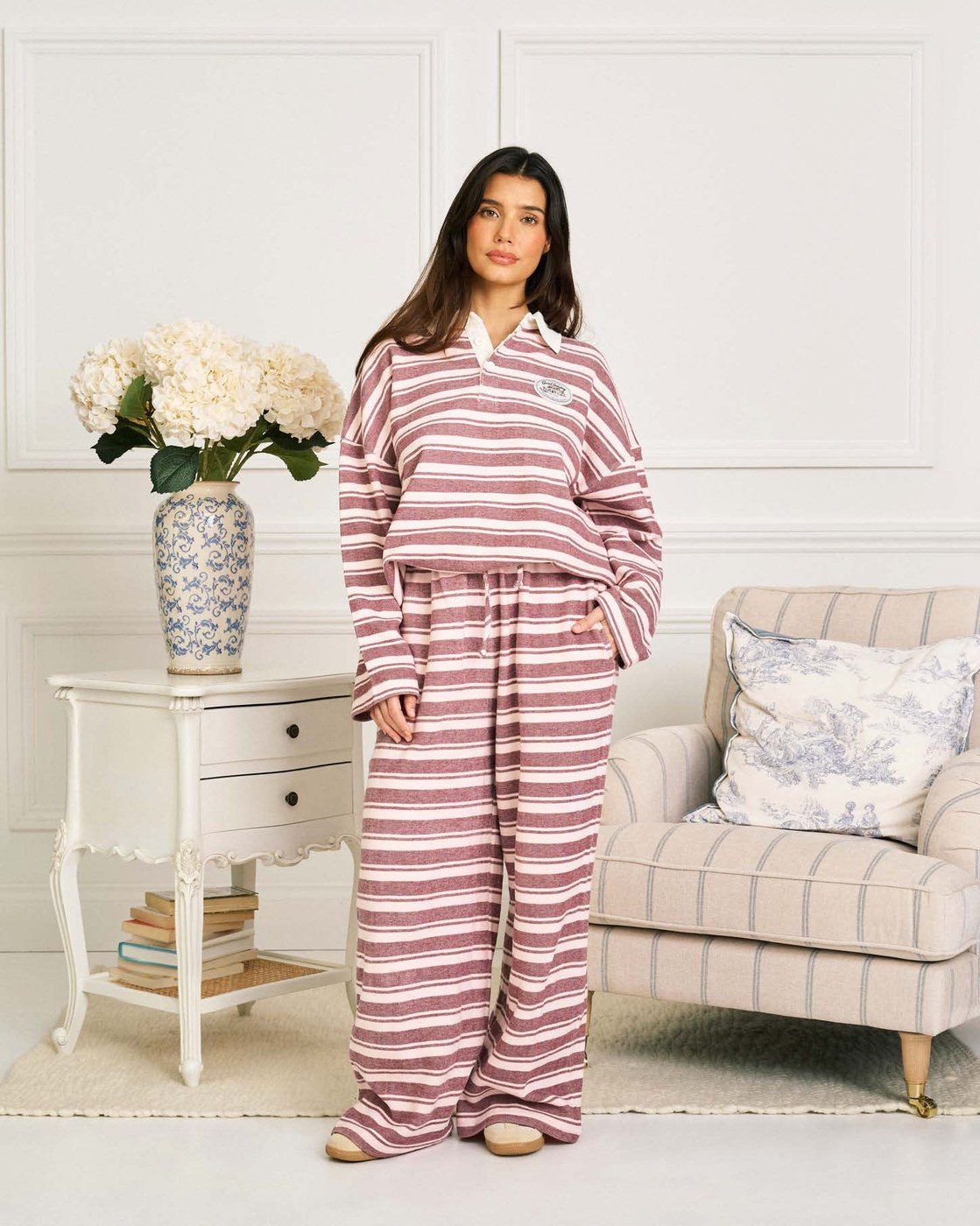 Good Sunday striped loungewear set photographed on model for ecommerce