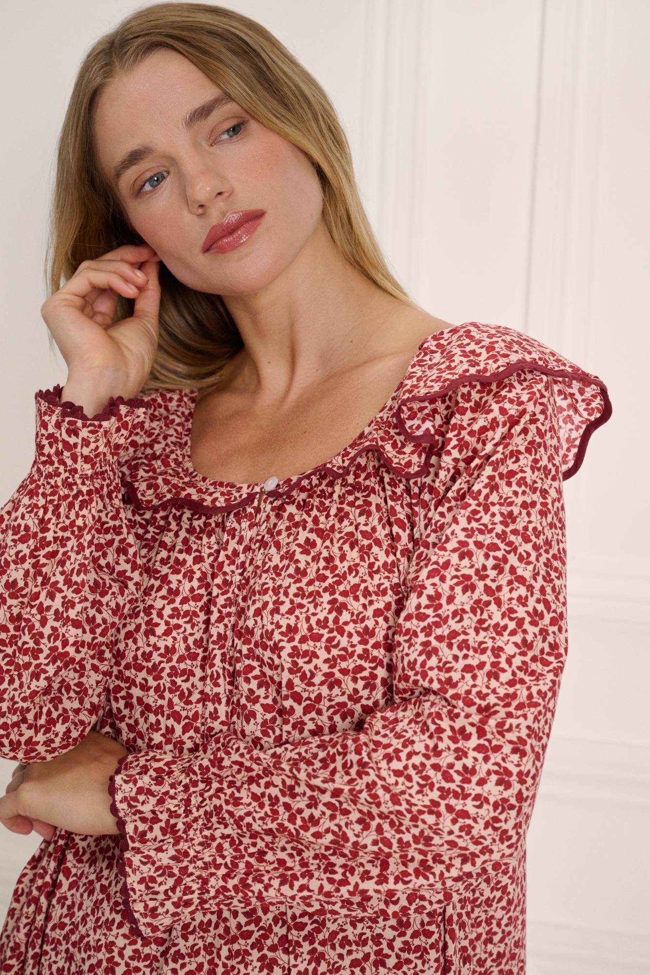 If Only If red floral print with ruffled collar photographed on model