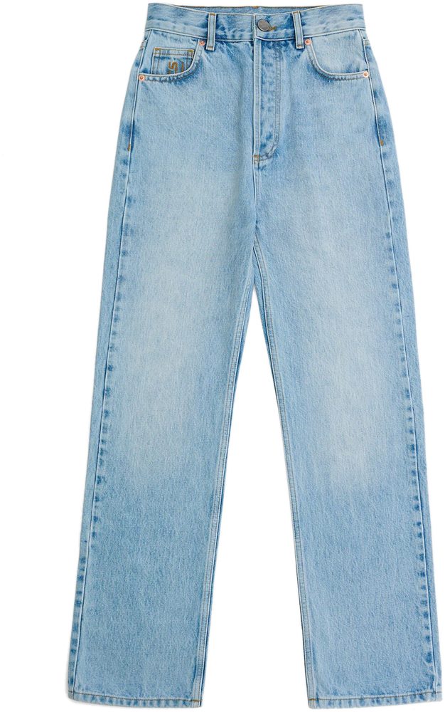 Light wash denim jeans flat lay photography