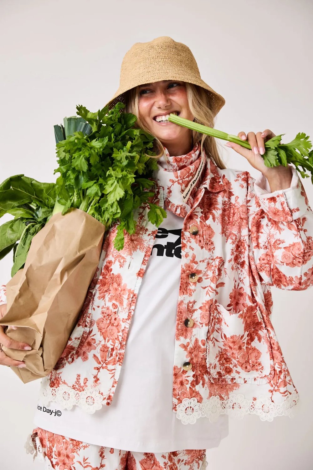Lonestar Daughters floral jacket and straw bucket hat portrait with celery
