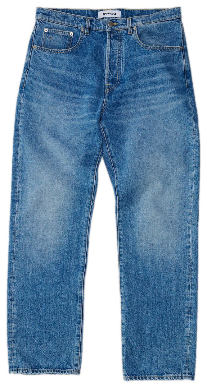 Mid blue tapered jeans flat lay photography