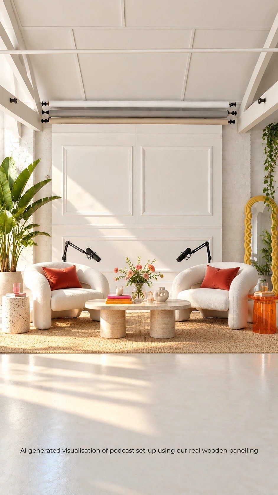 AI generated visualisation of a podcast set styled with armchairs and props against the real white panelled backdrop